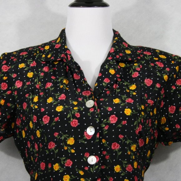 Vintage 50’s DJI Black Rayon Floral Midi Dress w/ Drawstring Belt SZ 10 EUC - Picture 2 of 8